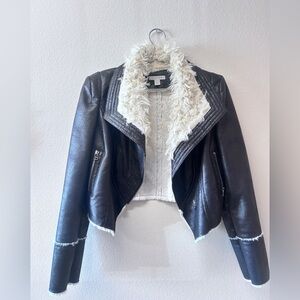 Boston Proper Black Faux Leather Off White Shearling Collar Moto Jacket size S